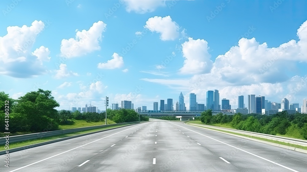 Image of empty asphalt road with city skyline.