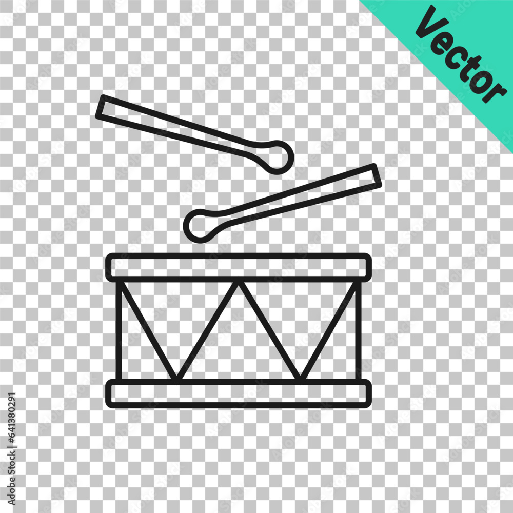 Black line Drum with drum sticks icon isolated on transparent background. Music sign. Musical instrument symbol. Vector Black line Drum with drum sticks icon isolated on transparent background. Music sign. Musical instrument symbol. Vector