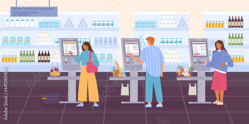 self service using. concept cartoon automation, characters using terminals with touch screens in market, contactless payment technology. vector cartoon background.