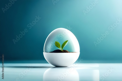 Life Easter minimal concept. Green sprout in white egg on blue background. Se...