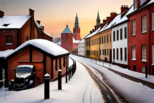 Streets of Gniew town in winter scenery,