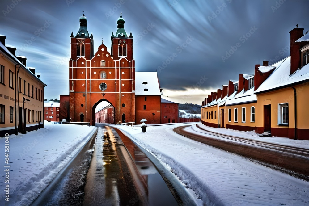 Streets of Gniew town in winter scenery