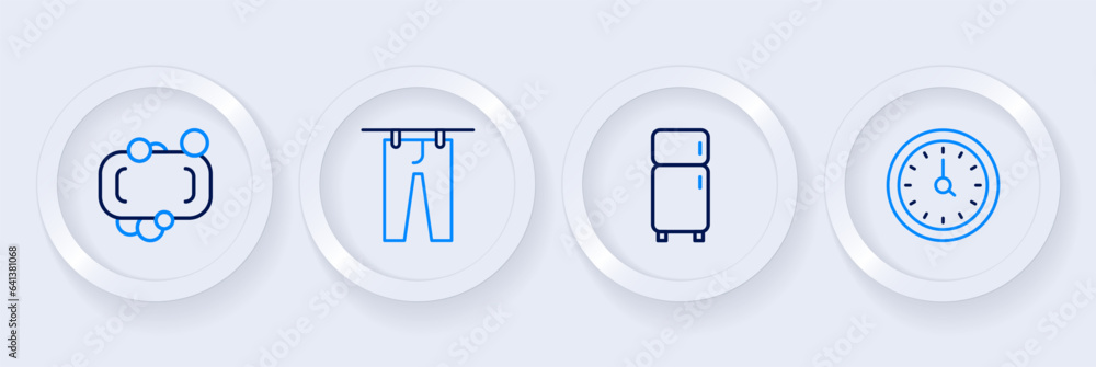 Set line Clock, Refrigerator, Drying clothes and Bar of soap icon. Vector Set line Clock, Refrigerator, Drying clothes and Bar of soap icon. Vector
