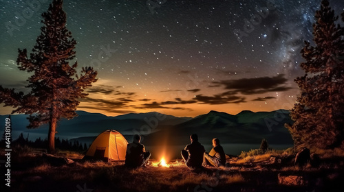 Camping in the mountains at night. Silhouettes of people sitting near bonfire and tent.