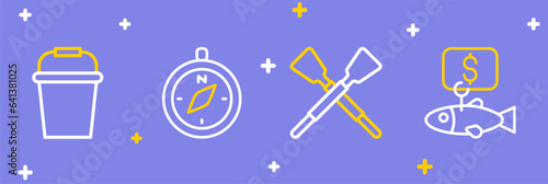 Set line Price tag for fish, Crossed oars paddles boat, Compass and Fishing bucket icon. Vector