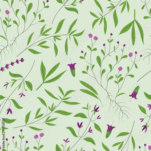 Hand drawn vector seamless pattern with wild herbs and plants in flat design