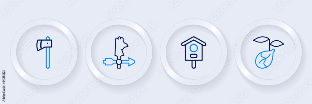 Set line Sprout, Bird house, Rooster weather vane and Wooden axe icon. Vector Set line Sprout, Bird house, Rooster weather vane and Wooden axe icon. Vector