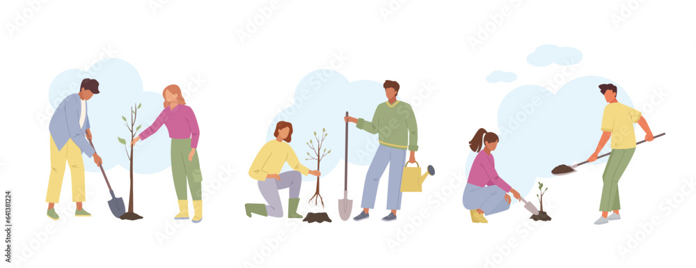 people planting trees. nature reforestation ecology concept, characters working in garden, world environment day, earth day. vector cartoon flat characters.