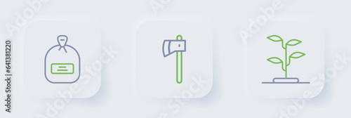Set line Sprout, Wooden axe and Pack full of seeds icon. Vector