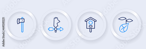 Set line Sprout, Bird house, Rooster weather vane and Wooden axe icon. Vector