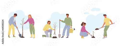 people planting trees. nature reforestation ecology concept, characters working in garden, world environment day, earth day. vector cartoon flat characters.