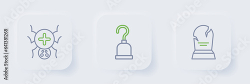 Set line Tombstone with RIP written, Pirate hook and Spider icon. Vector