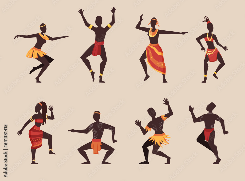 african ritual dancing. cartoon aboriginal ethnic dancers, ancient traditional ceremony. vector cartoon flat characters.