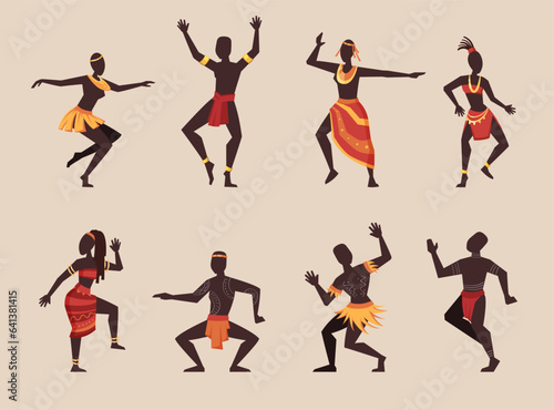 african ritual dancing. cartoon aboriginal ethnic dancers  ancient traditional ceremony. vector cartoon flat characters.