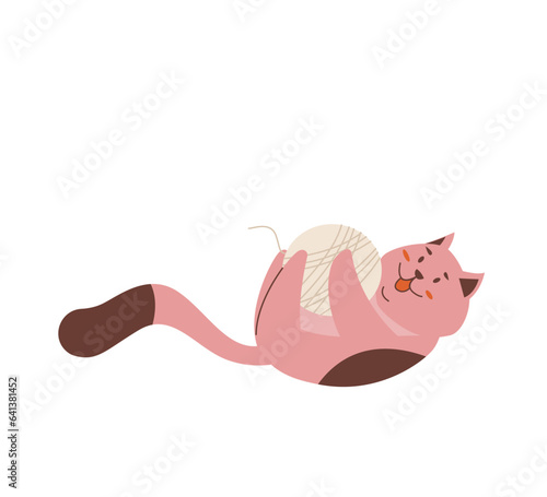 Cute smile cat play with ball of wool. Funny kitten. Pet animal isolated on white background