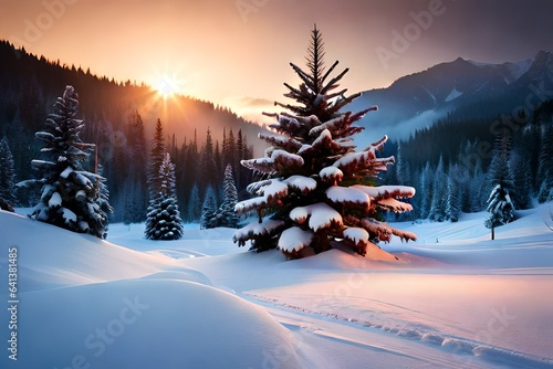 Christmas Fir Tree On Wooden Background With Snowflakes
