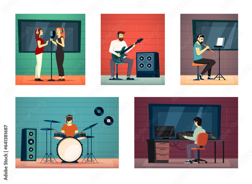 music recording studio. characters recording music, drums, vocal, cartoon flat sound recording tools, on air singers, music workstation. vector cartoon flat backgrounds