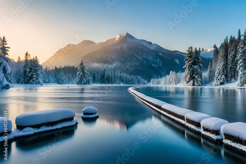 Winter scenery of frozen lake