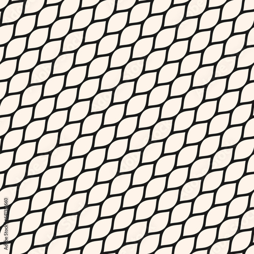 Diagonal mesh seamless pattern. Simple vector black and white geometric texture. Monochrome illustration of wavy net, lattice, grid, mesh structure. Abstract minimal background. Repeat geo design
