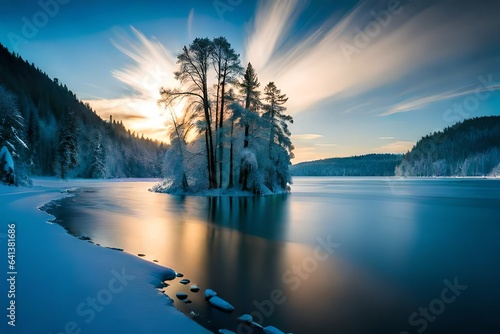 Winter scenery of frozen lake