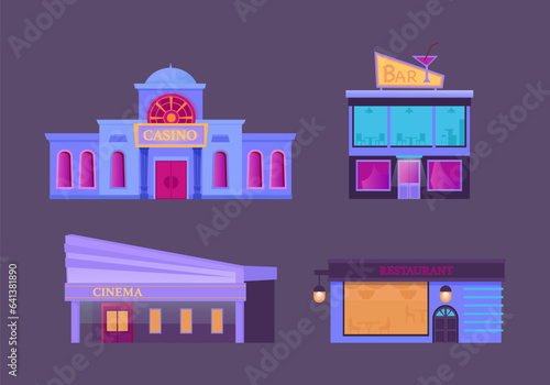 nighty entertainment buildings. downtown modern urban nightlife entertainment buildings set. vector cartoon flat buildings.