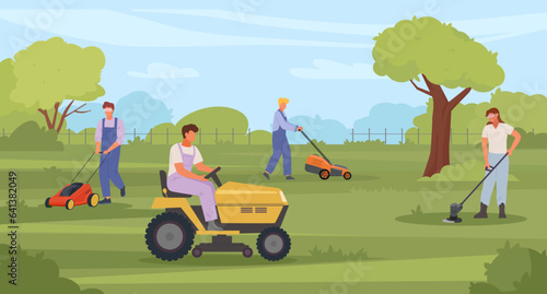 peoples with lawnmowers. people mowing grass background, simple minimalistic flat male characters with garden lawn mowers, mowing grass in garden. vector cartoon set.