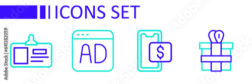 Set line Gift box, Mobile shopping, Advertising and Identification badge icon. Vector