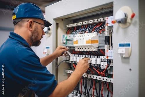 Electrician engineer tests electrical installations and wires on relay protection system. Adjustment of scheme of automation and control of electrical equipment. Generative AI