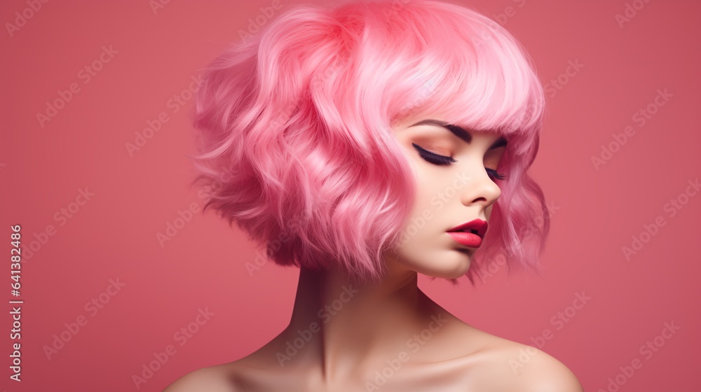 A young woman posing sideways with pink hair on a warm background A young woman posing sideways with pink hair on a warm background