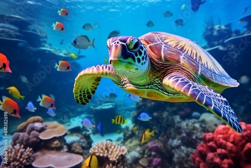  A swimming turtle amidst a coral reef