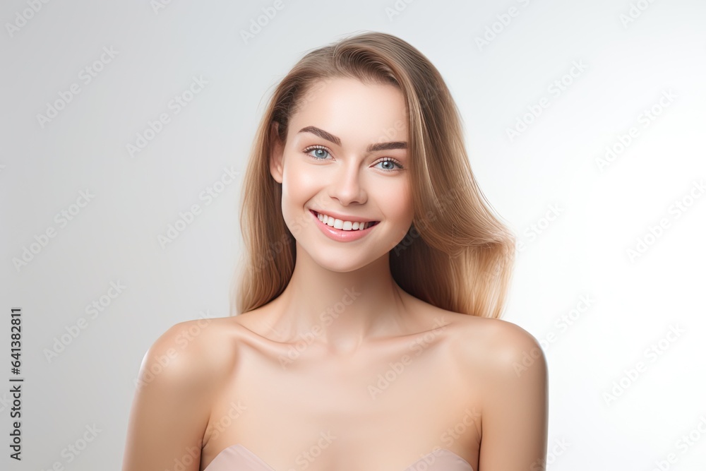 Portrait of a happy, confident, and healthy Caucasian woman with glowing skin and positivity. Generative AI