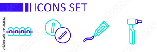 Set line Tooth drill, Tube of toothpaste, Toothache painkiller tablet and Teeth with braces icon. Vector