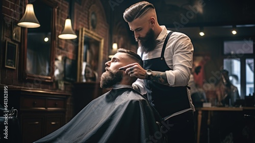 Professional barber styling hair of his client. Generative AI