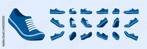 Sport shoes set, walking, racer running tennie, tennis game sneakers for practice, performance. Athletic gym blue footwear, accessory. Health, wellness, physical education fitness cartoon illustration photo