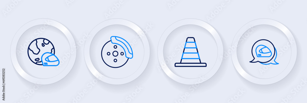 Set line Racing helmet, Traffic cone, Car brake disk with caliper and icon. Vector Set line Racing helmet, Traffic cone, Car brake disk with caliper and icon. Vector