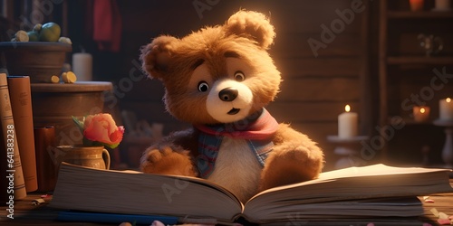 Beautiful original image with a cute teddy bear and books as an illustration of the end of childhood and the beginning of school