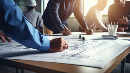 Team of architects and engineers study a blueprint of the future building