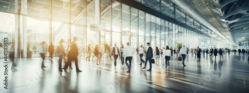 Blurred people walking in a modern hall