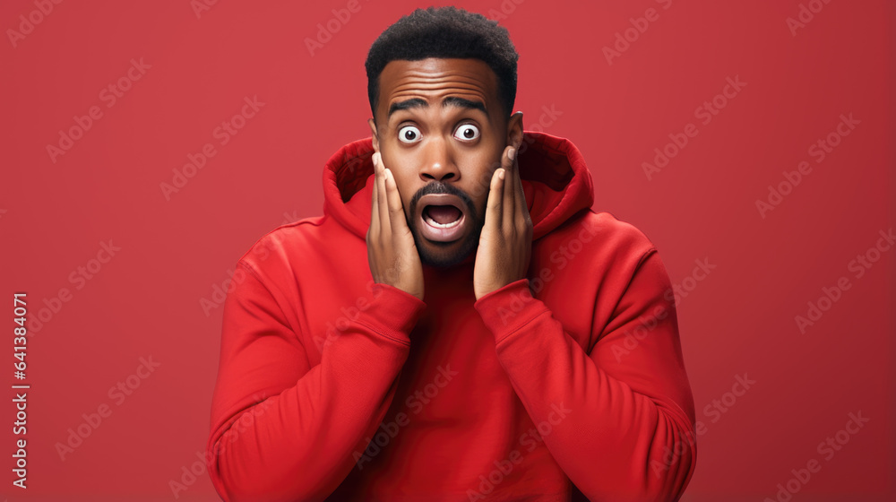 Young handsome man wearing casual clothes shocked with surprise and amazed expression on red background Young handsome man wearing casual clothes shocked with surprise and amazed expression on red background