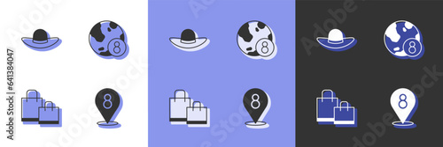Set 8 March, Elegant women hat, Paper shopping bag and International Women Day icon. Vector