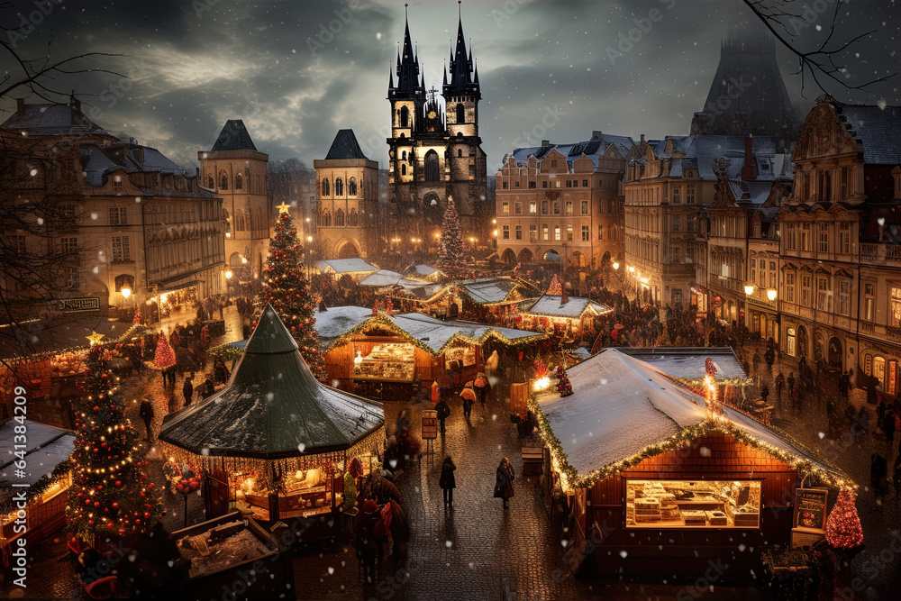 Prague, Czech Republic. Fairy tale winter night, Christmas decorated. - obrazy, fototapety, plakaty 