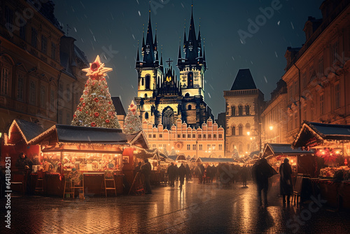 Prague, Czech Republic. Fairy tale winter night, Christmas decorated.