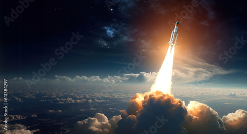 A space shuttle launches into space with a long tail of fire. © Mirador