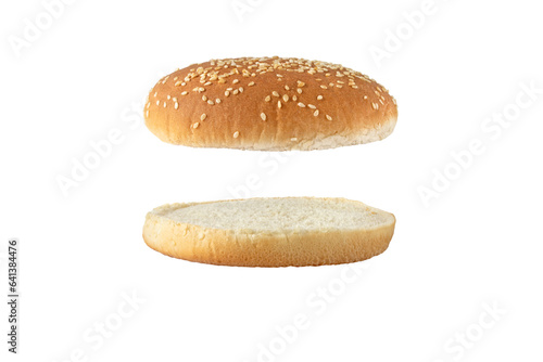 Photography Sesame bun for burger top and bottom separated side view isolated transparent png
