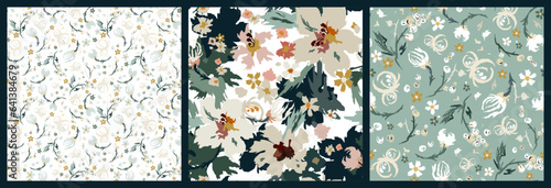 Bilde på lerret Set of floral seamless patterns with ornamental plants in trendy colors