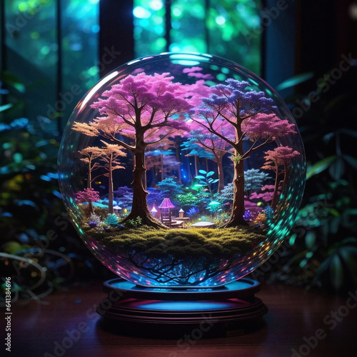 A Nature crystal ball contains a miniature forest scene with colorful trees and a mushroom house. it is surrounded by a dark forest. it also has a night-glow light inside, giving the scene a warm glow