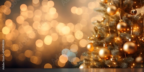 Christmas Tree With gold Baubles close-up against backdrop of golden sparkling Christmas lights. Wide format banner. Background with atmosphere of celebration and magic