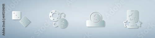 Set Game dice, Casino chips exchange, Coin money with dollar and Online sports betting. Paper art style. Vector