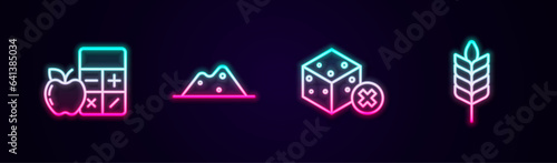 Set line Calorie calculator, Salt, No sugar free and Wheat. Glowing neon icon. Vector