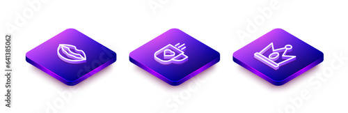 Set Isometric line Smiling lips, Coffee cup and heart and King crown icon. Vector